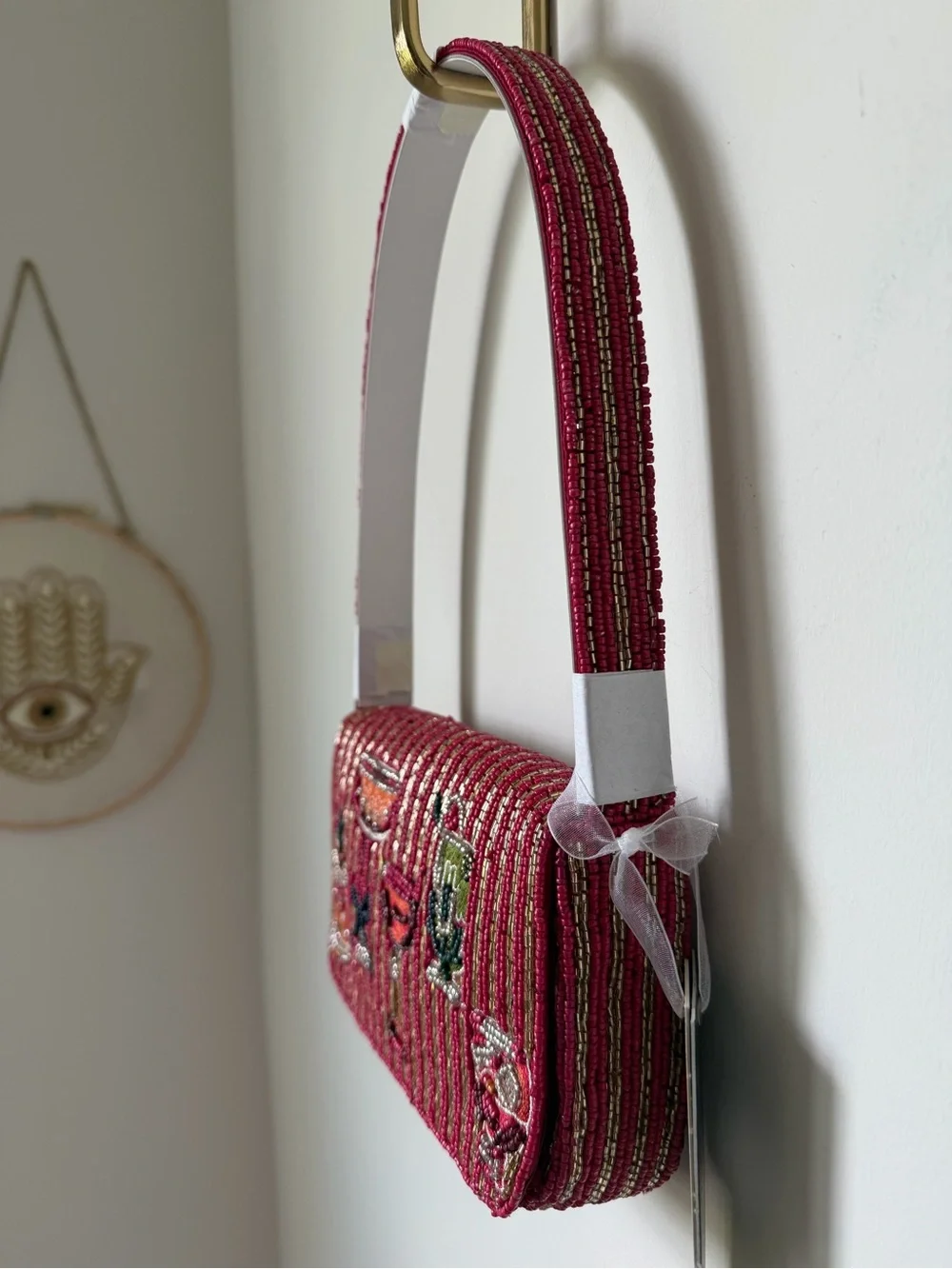 Beaded cocktail drinks Pink gold striped Shoulder Bag